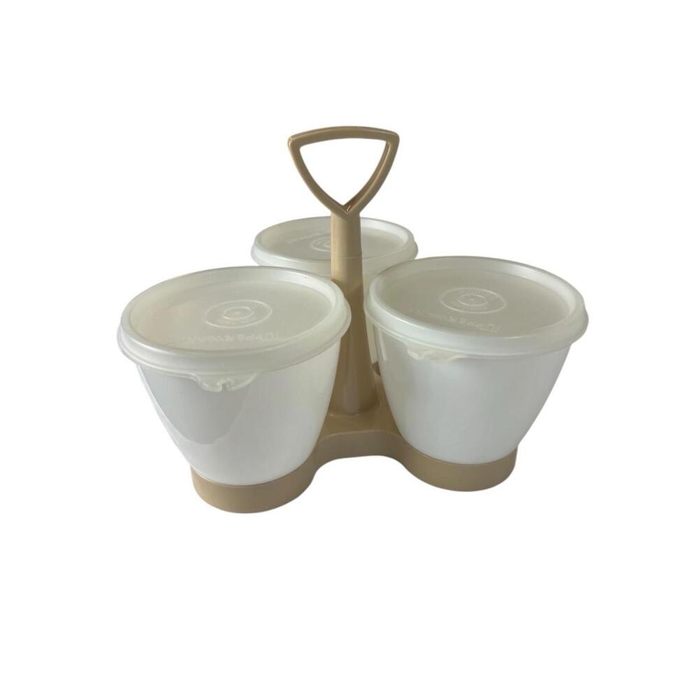 Tupperware 3 Condiment‎ Caddy Server Set with Tupper Seal Lids Tan 758 Vintage